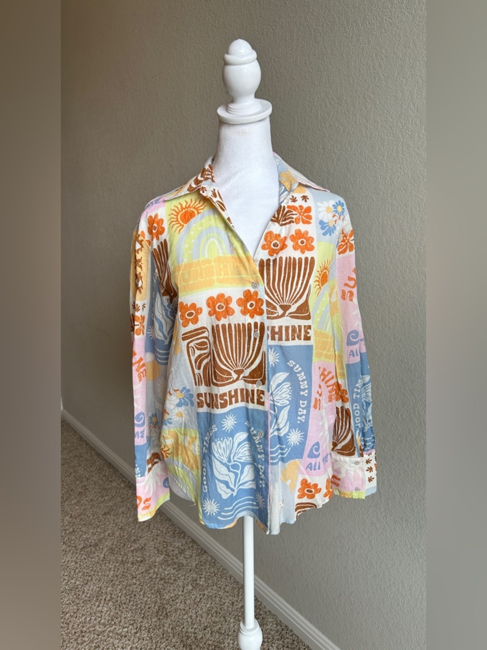 C&C CALIFORNIA 100% Cotton Lightweight Button Down Sunshine Print Size S